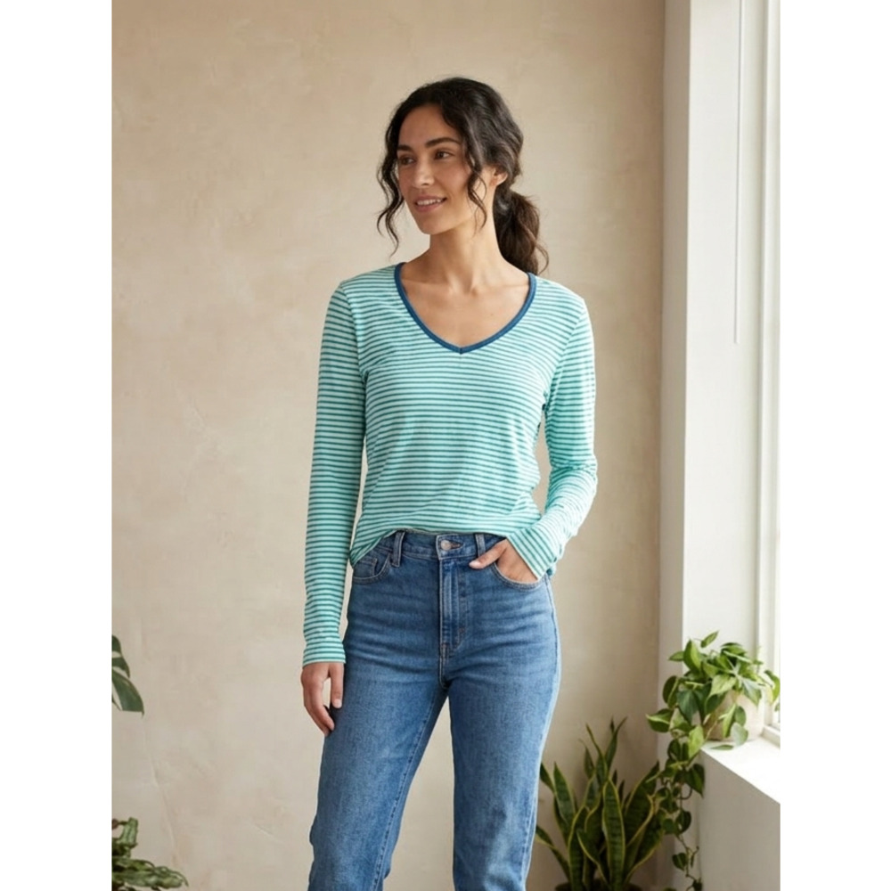 Toad&Co Organic Cotton Tencel Striped V-Neck Long Sleeve Tee Lagenlook Medium